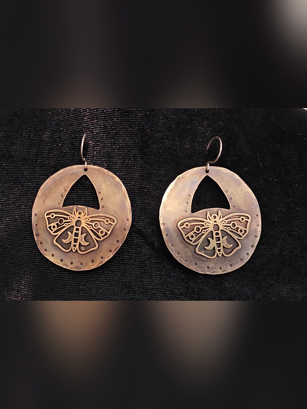 Bronze Brass Moon Moth Disc Earrings